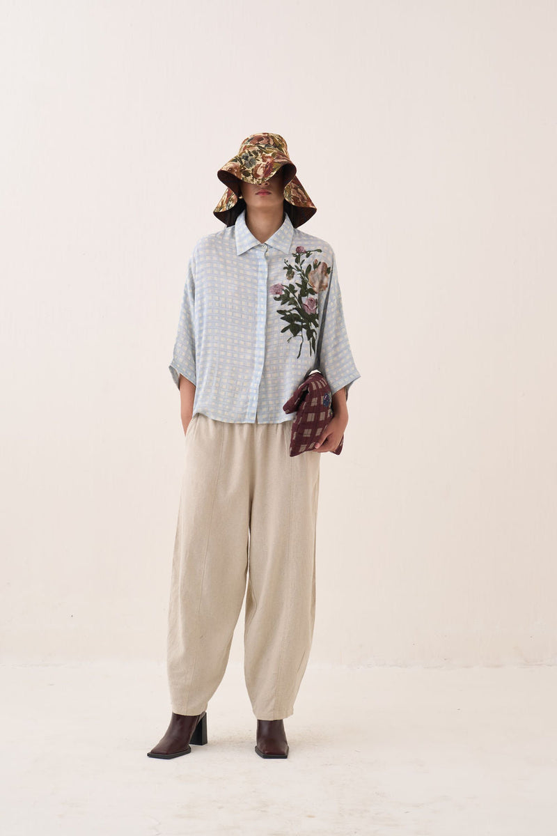 Gingham Ae Shirt cotton slub top/shirt by O'Frida in blue for women in Singapore
