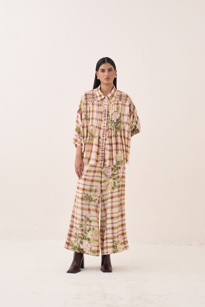 Jaali Rose Pintuck Shirt Set cotton slub co-ord set by O'Frida in ivory for women in Singapore