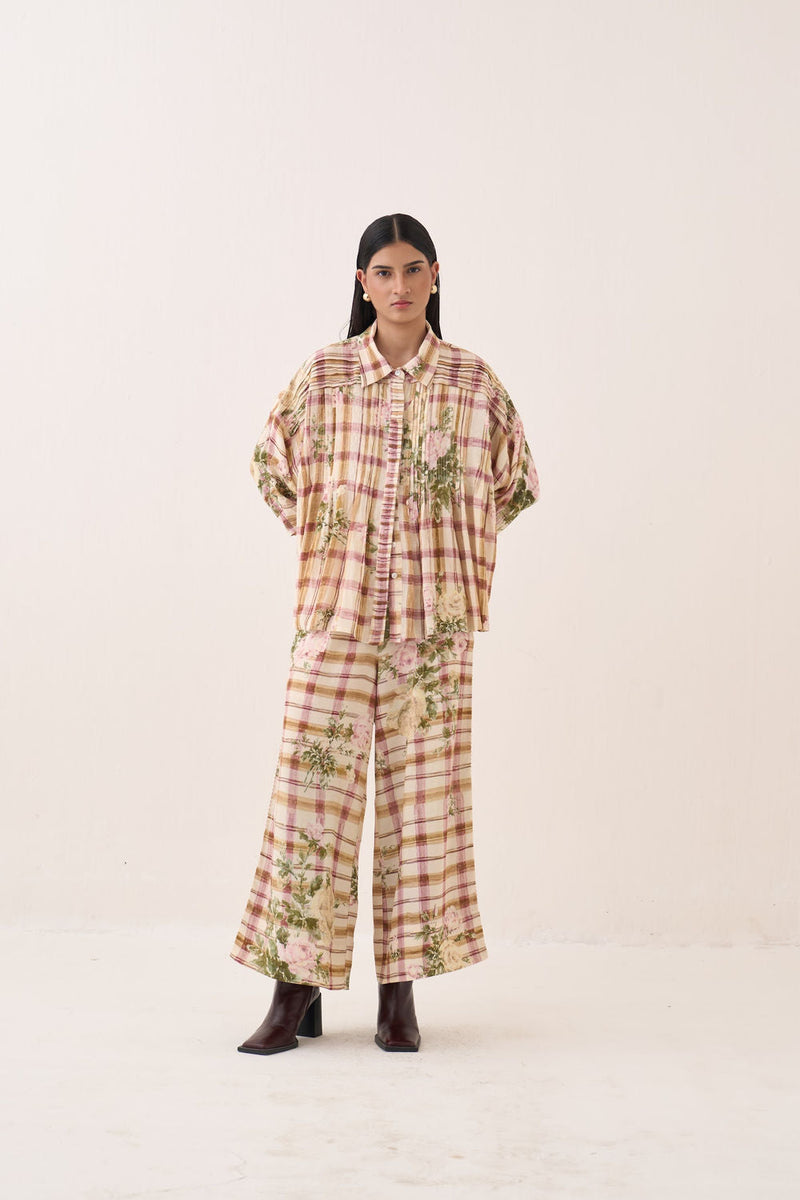 Jaali Rose Pintuck Shirt Set cotton slub co-ord set by O'Frida in ivory for women in Singapore