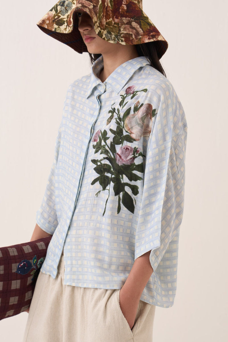 Gingham Ae Shirt Set cotton slub co-ord set by O'Frida in blue for women in Singapore