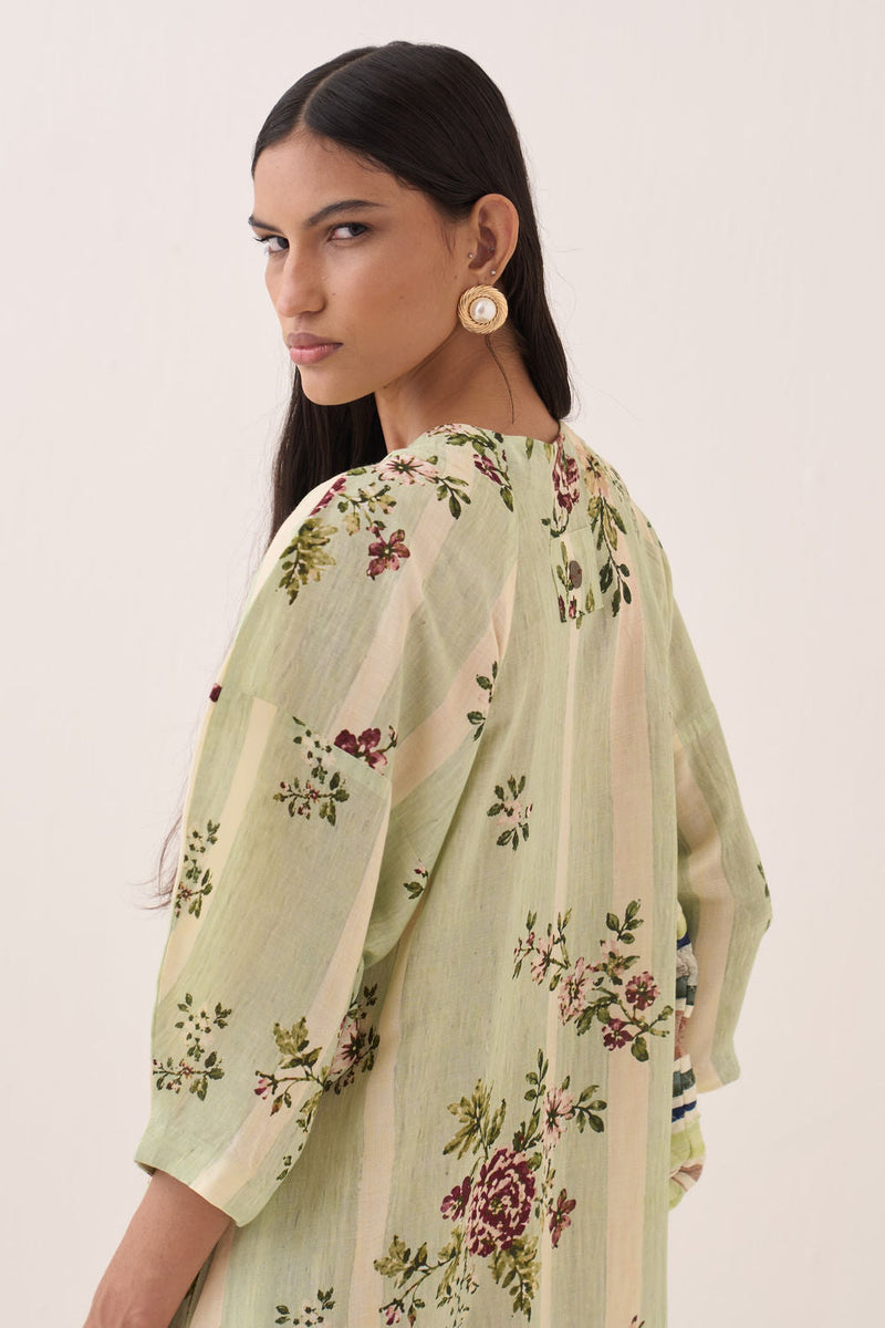 Bagiya Bubble Sleeve Aline Dress Set cotton slub co-ord set by O'Frida in green for women in Singapore