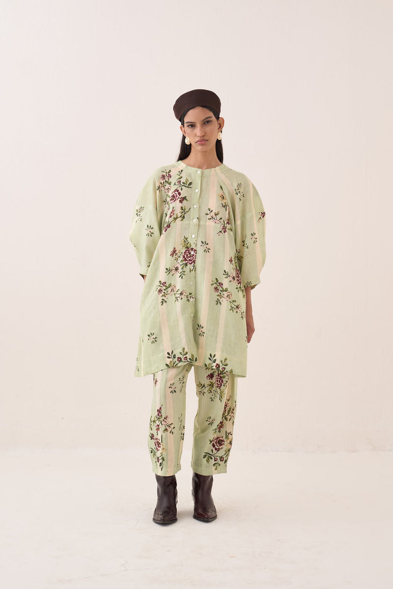 Bagiya Bubble Sleeve Aline Dress Set cotton slub co-ord set by O'Frida in green for women in Singapore