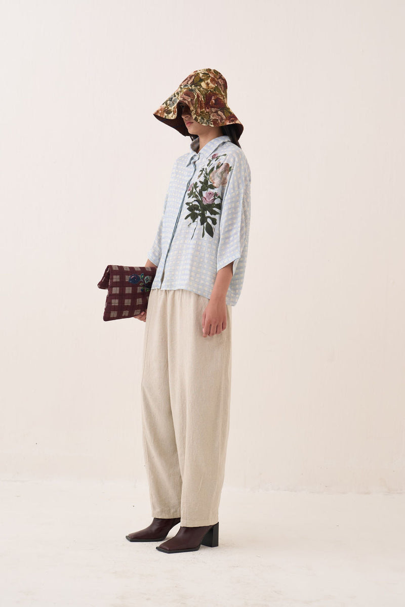 Gingham Ae Shirt Set cotton slub co-ord set by O'Frida in blue for women in Singapore