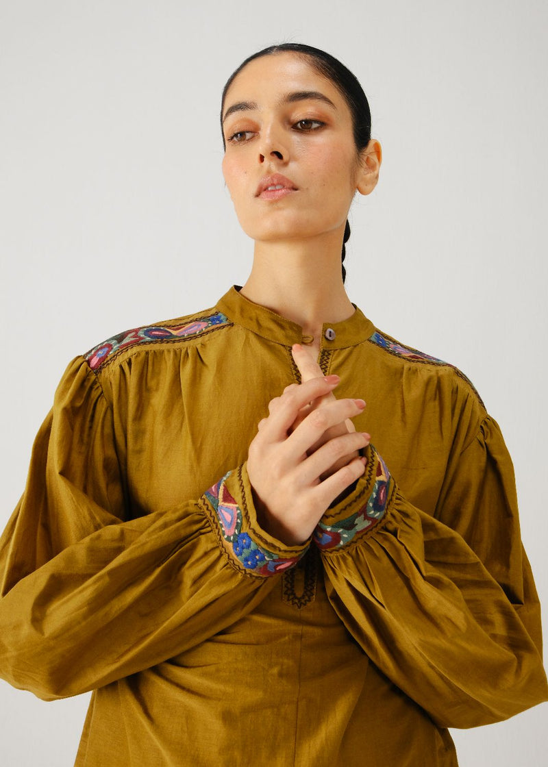 Peasant top-Olive band emb. silk by CORD for women in Singapore