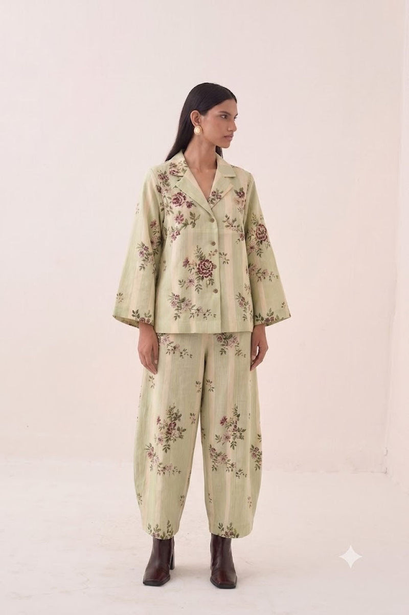 Bagiya Floral Psyflora Top Set cotton slub co-ord set by O'Frida in green for women in Singapore