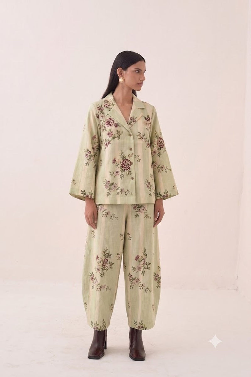 Bagiya Psyflora cotton slub top/shirt by O'Frida in green for women in Singapore
