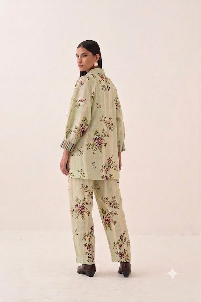 Bagiya Floral Psyflora Top Set cotton slub co-ord set by O'Frida in green for women in Singapore
