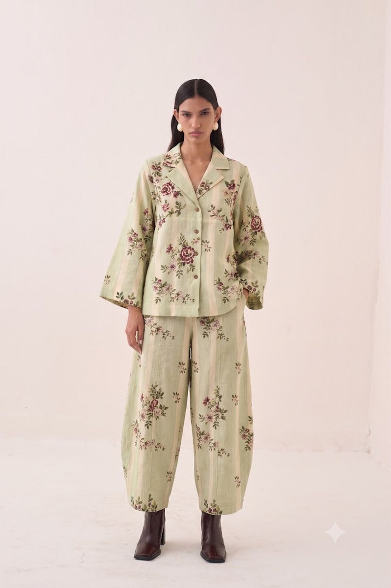 Bagiya Psyflora cotton slub top/shirt by O'Frida in green for women in Singapore