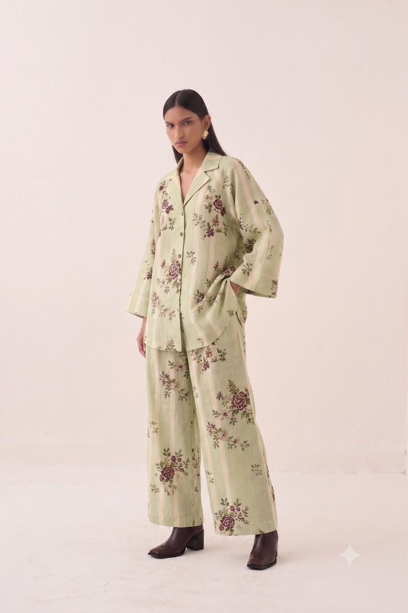 Bagiya Floral Psyflora Top Set cotton slub co-ord set by O'Frida in green for women in Singapore