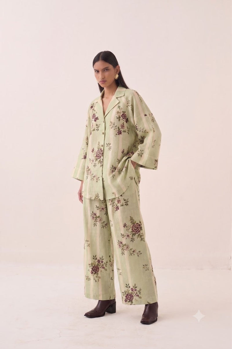 Bagiya Psyflora cotton slub top/shirt by O'Frida in green for women in Singapore
