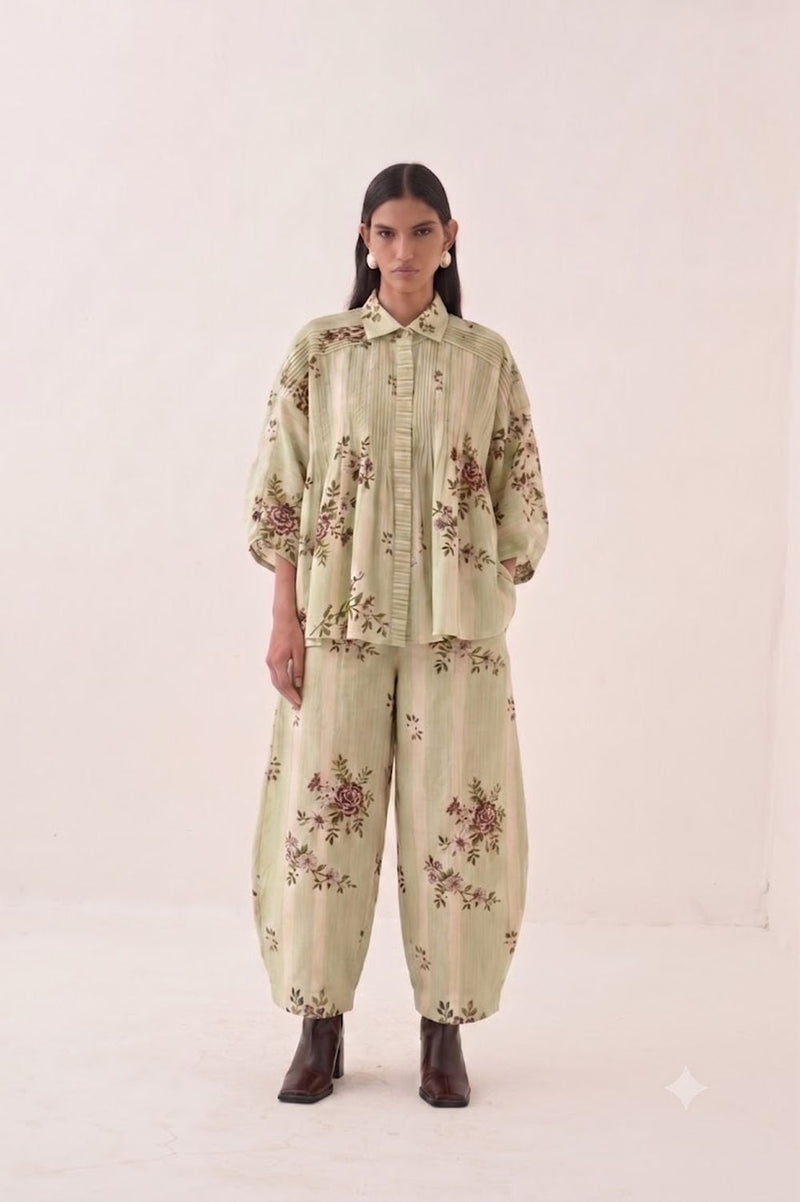 Bagiya Floral Pintuck Top Set cotton slub co-ord set by O'Frida in green for women in Singapore