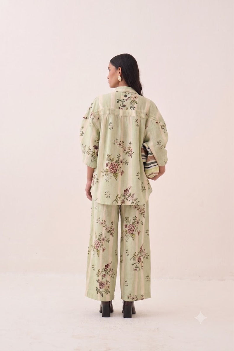 Bagiya Floral Pintuck Top Set cotton slub co-ord set by O'Frida in green for women in Singapore