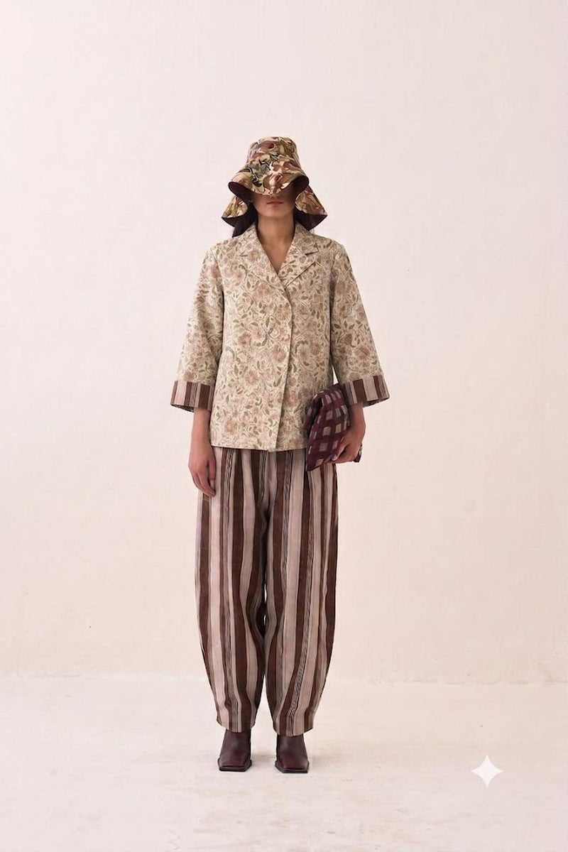 Gulzar Psyflora Tie Knot Shirt Set cotton slub co-ord set by O'Frida in ivory for women in Singapore