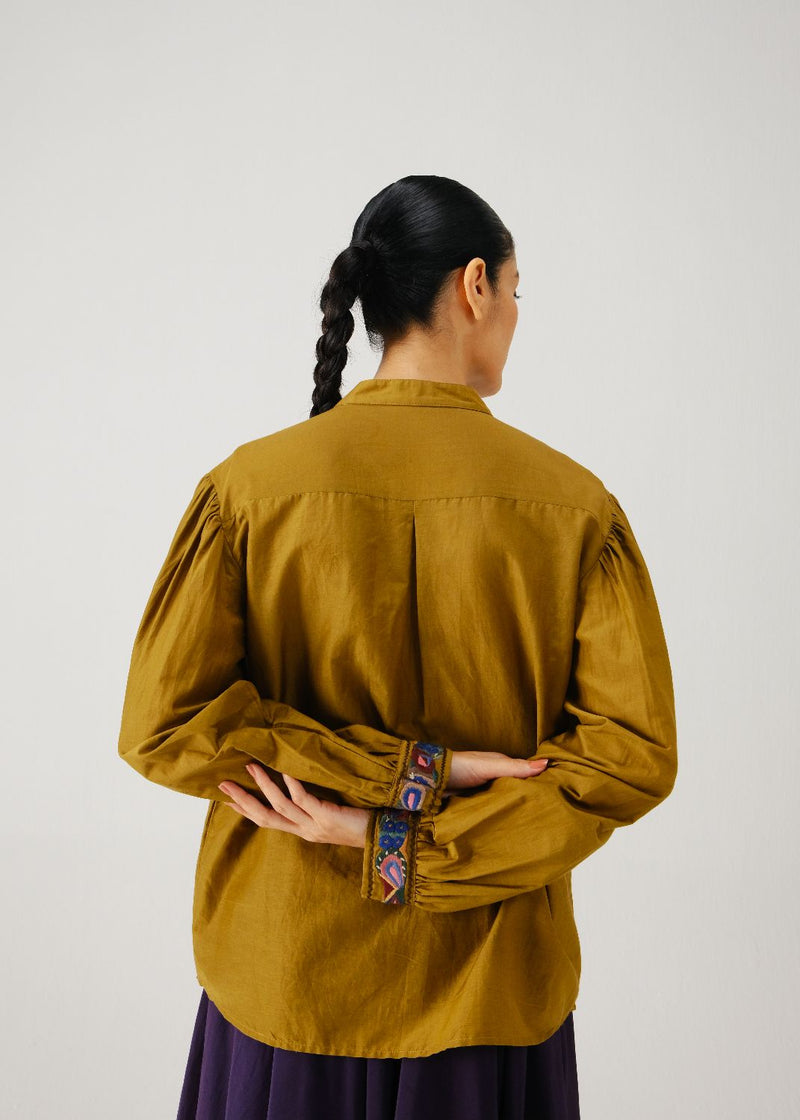 Peasant top-Olive band emb. silk by CORD for women in Singapore
