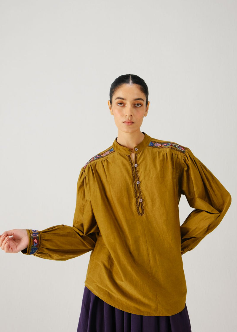 Peasant top-Olive band emb. silk by CORD for women in Singapore