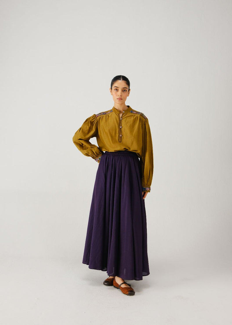 Peasant top-Olive band emb. silk by CORD for women in Singapore