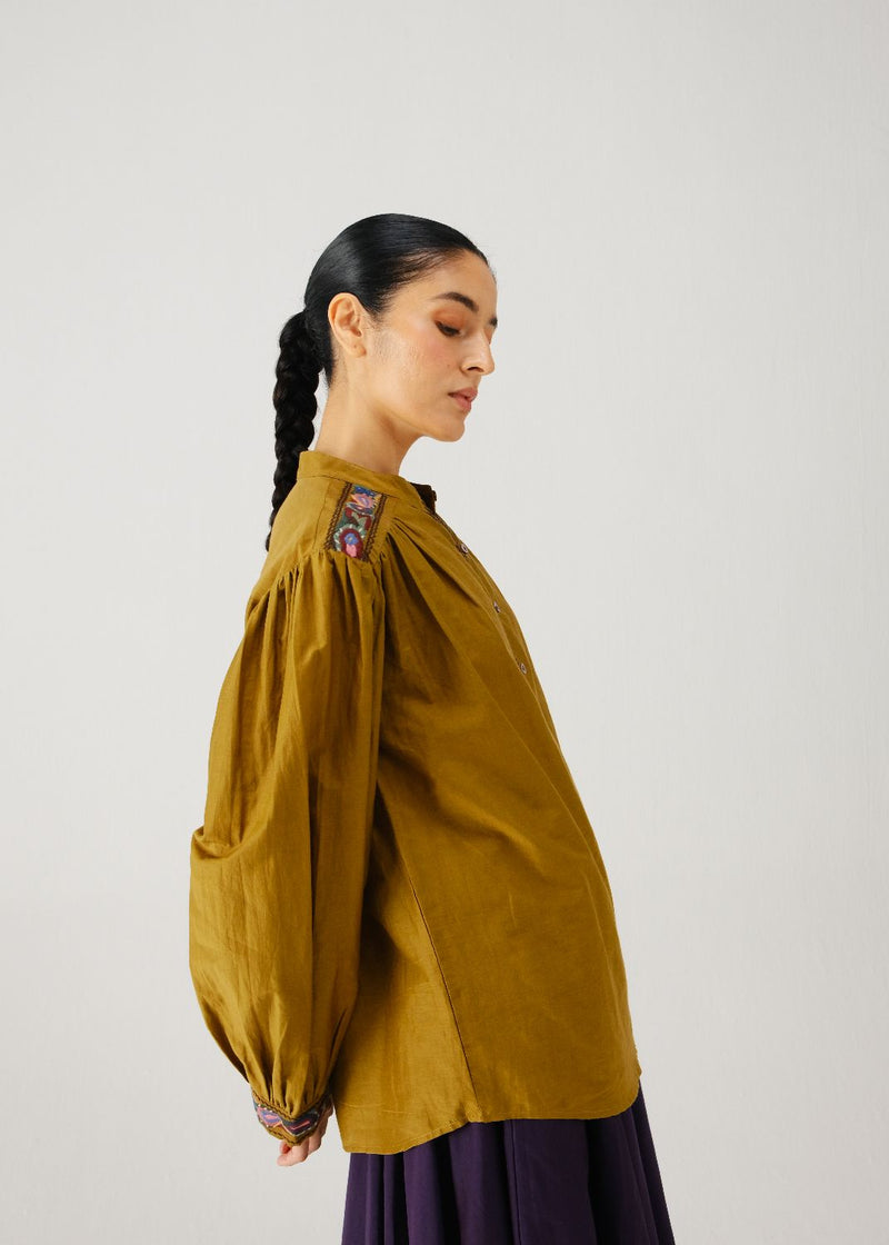 Peasant top-Olive band emb. silk by CORD for women in Singapore