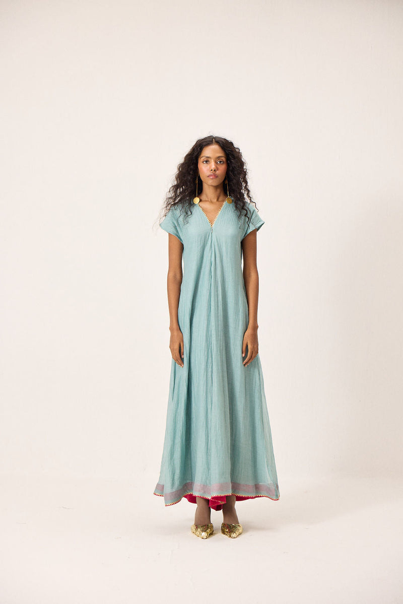 Mira Jumpsuit chanderi mul by Khara Kapas in blue for women in Singapore