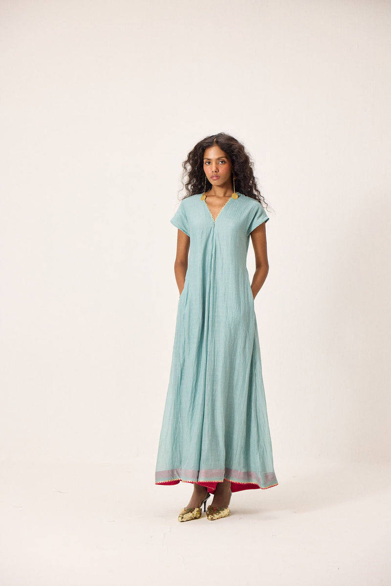 Mira Jumpsuit chanderi mul by Khara Kapas in blue for women in Singapore