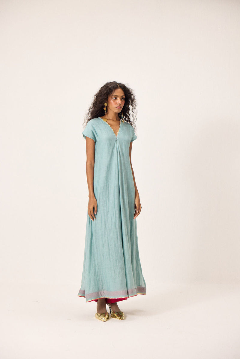 Mira Jumpsuit chanderi mul by Khara Kapas in blue for women in Singapore