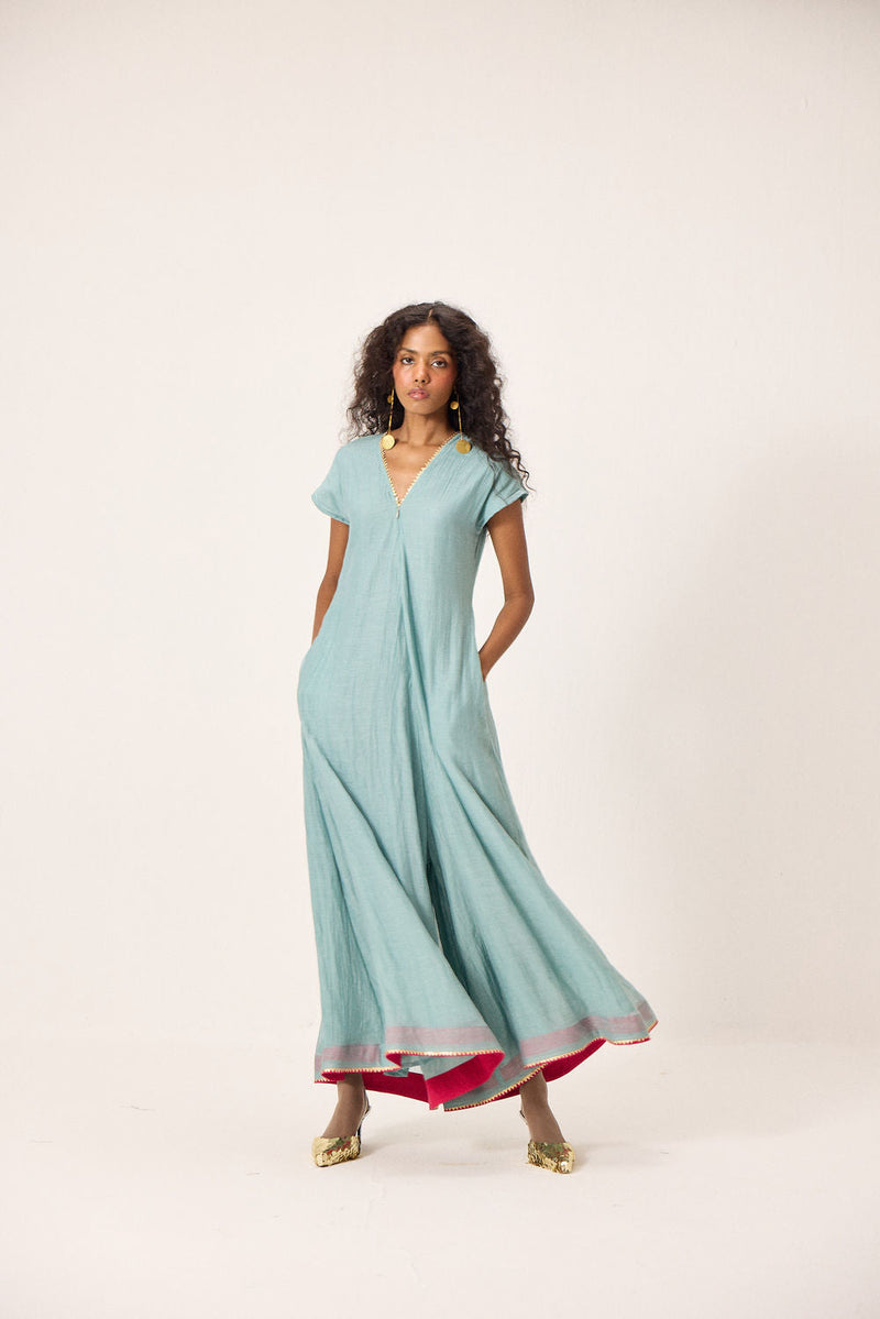 Mira Jumpsuit chanderi mul by Khara Kapas in blue for women in Singapore