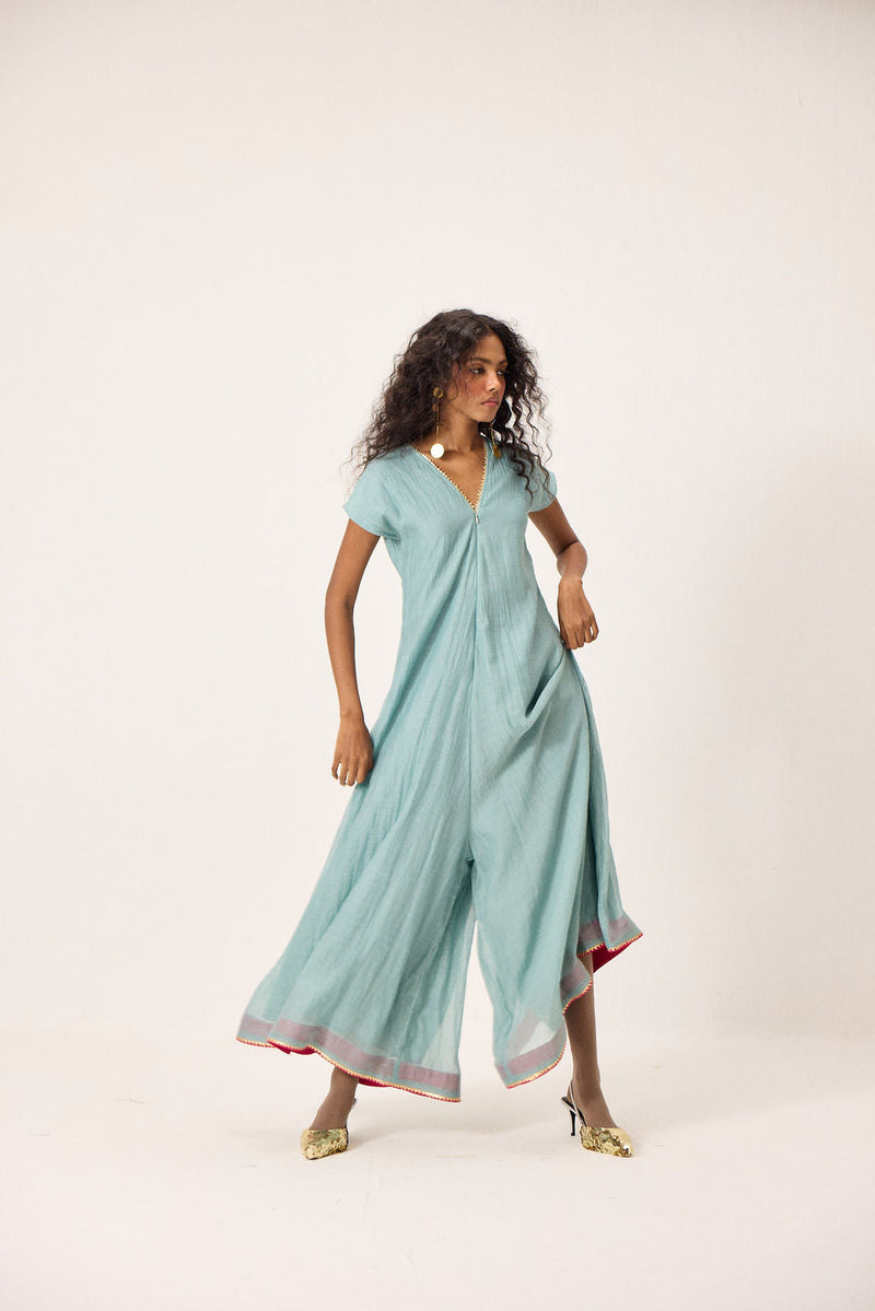 Mira Jumpsuit chanderi mul by Khara Kapas in blue for women in Singapore