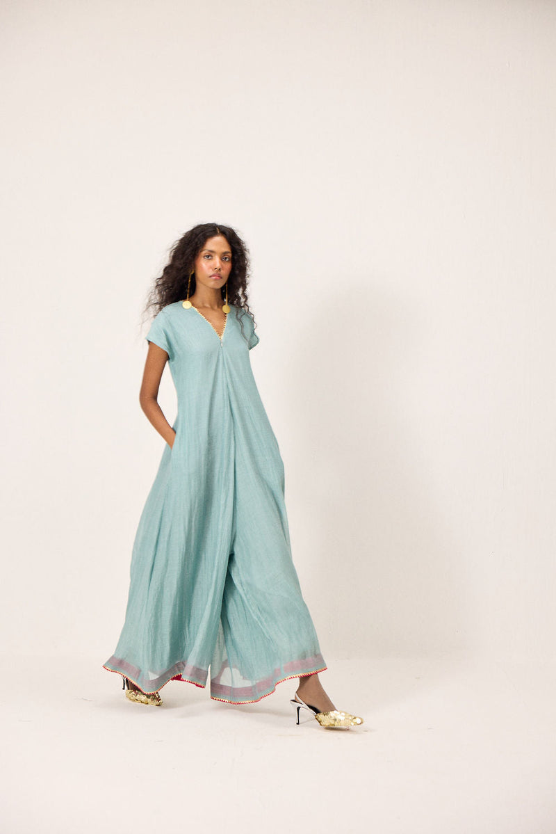 Mira Jumpsuit chanderi mul by Khara Kapas in blue for women in Singapore