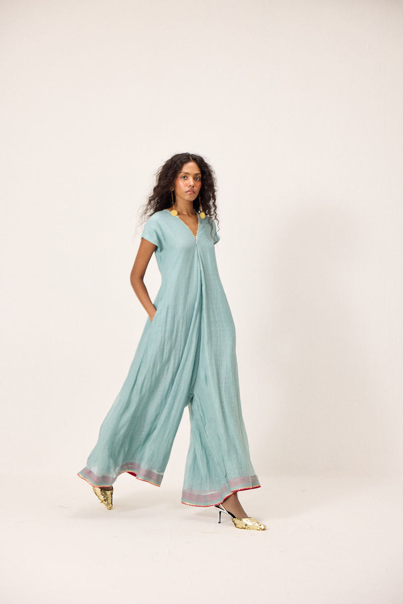 Mira Jumpsuit chanderi mul by Khara Kapas in blue for women in Singapore