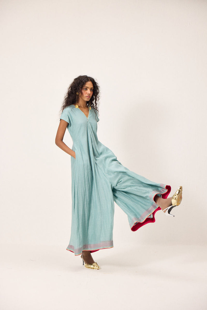 Mira Jumpsuit chanderi mul by Khara Kapas in blue for women in Singapore