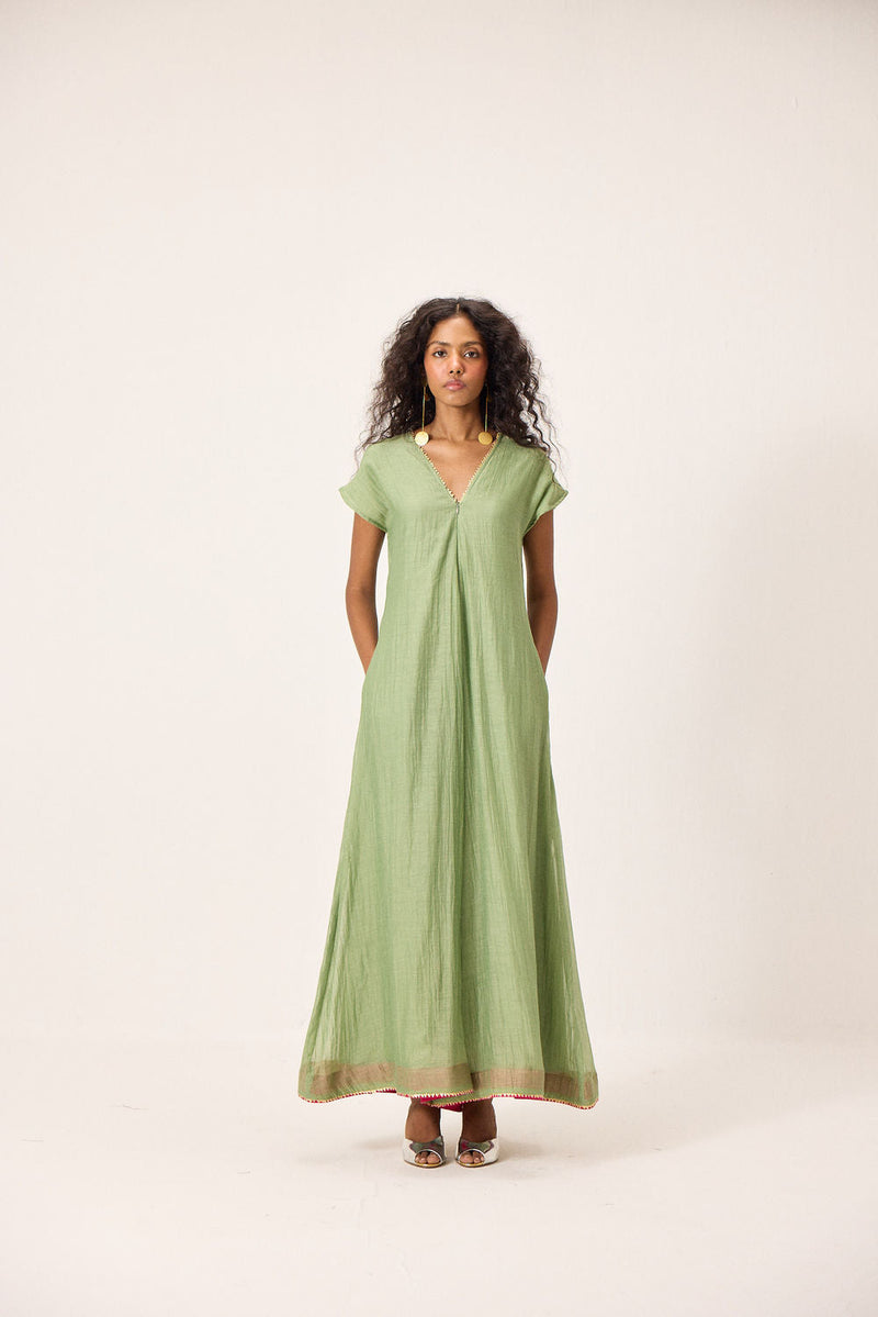 Emma Jumpsuit chanderi mul by Khara Kapas in green for women in Singapore