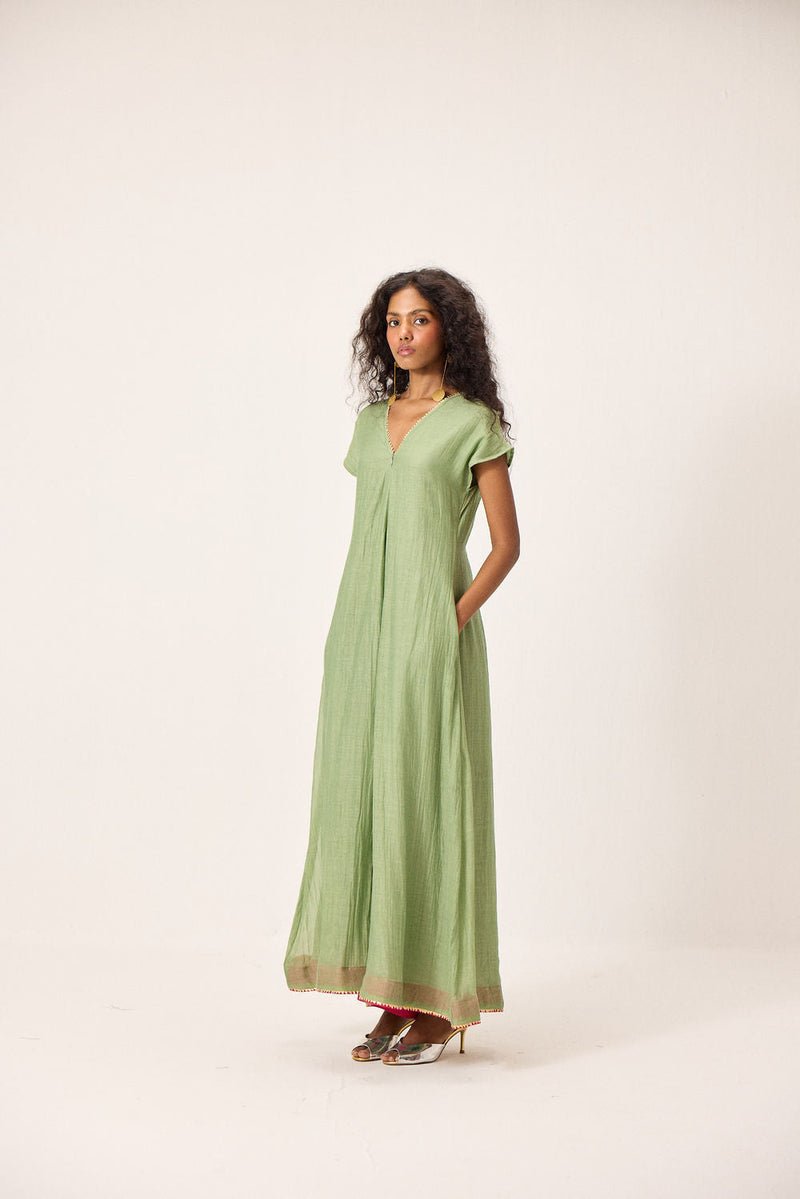 Emma Jumpsuit chanderi mul by Khara Kapas in green for women in Singapore