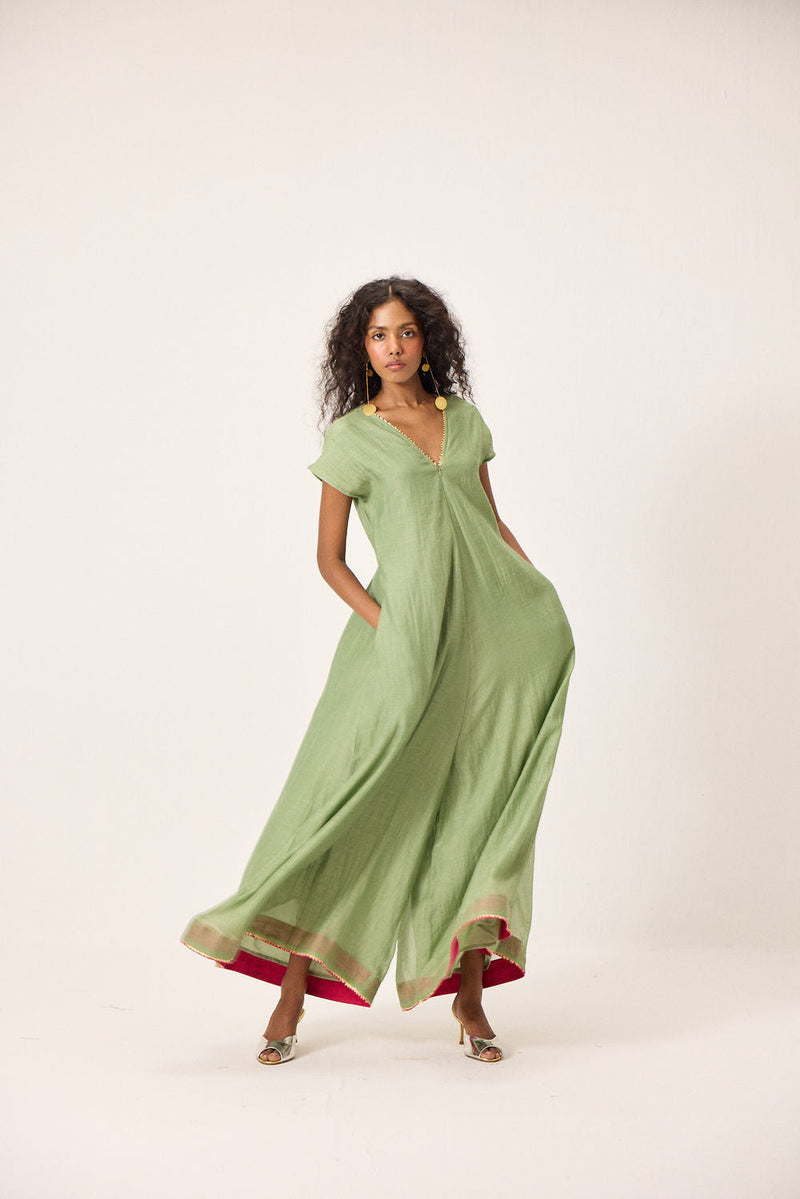 Emma Jumpsuit chanderi mul by Khara Kapas in green for women in Singapore