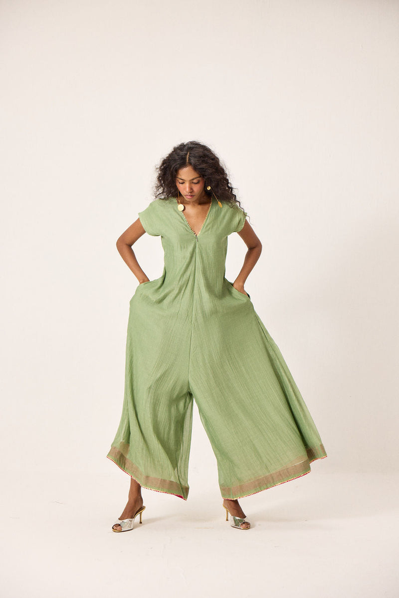 Emma Jumpsuit chanderi mul by Khara Kapas in green for women in Singapore