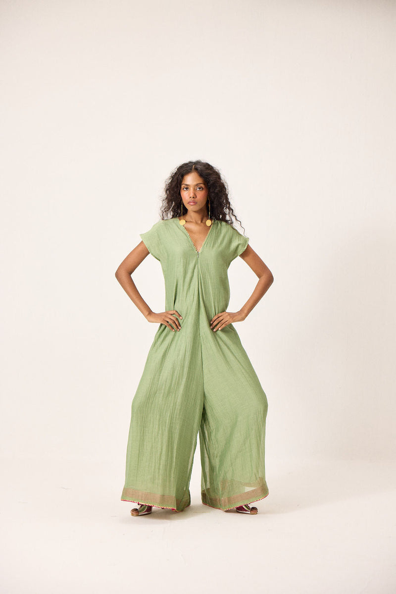 Emma Jumpsuit chanderi mul by Khara Kapas in green for women in Singapore