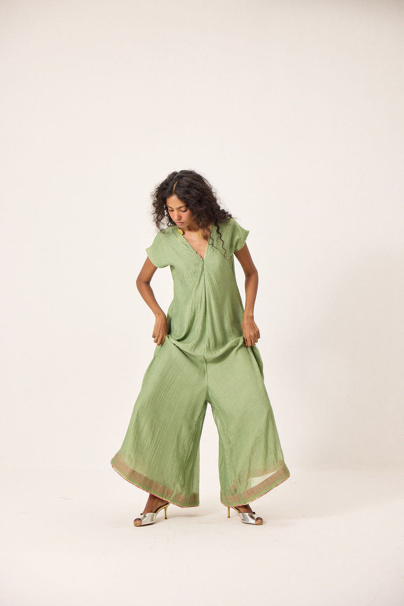 Emma Jumpsuit chanderi mul by Khara Kapas in green for women in Singapore
