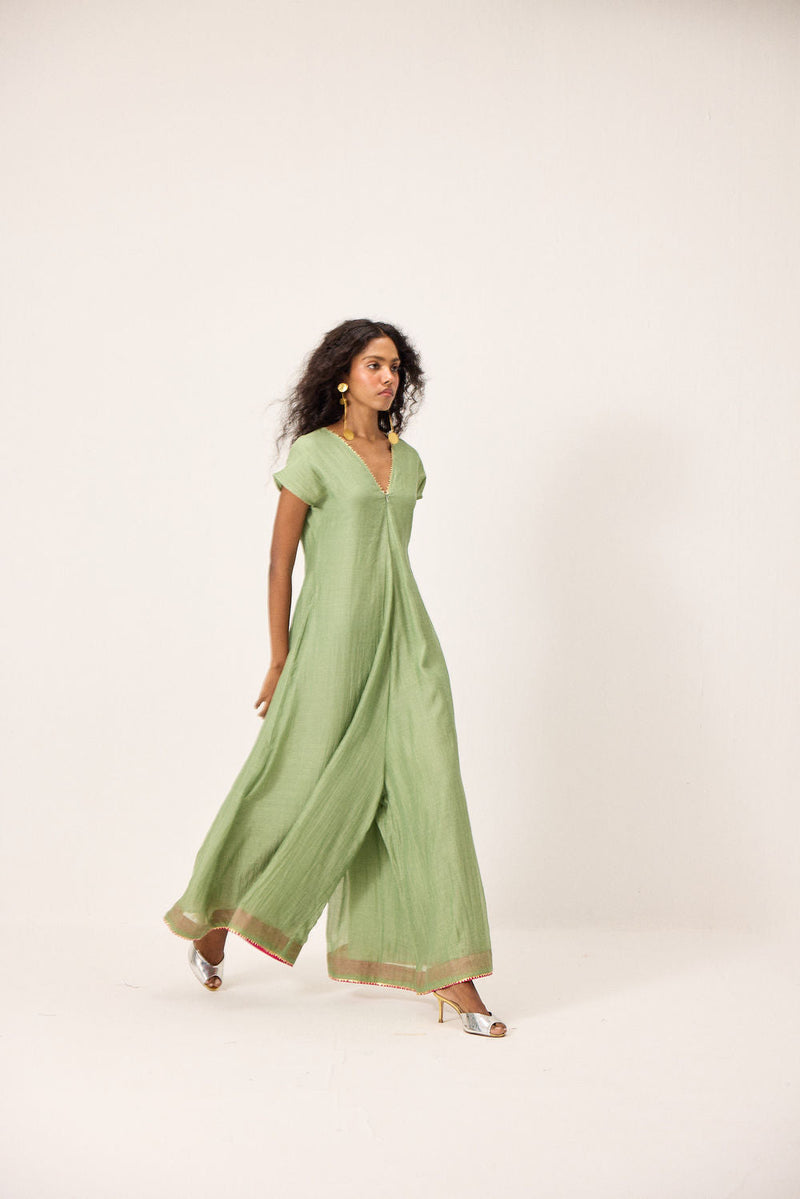 Emma Jumpsuit chanderi mul by Khara Kapas in green for women in Singapore
