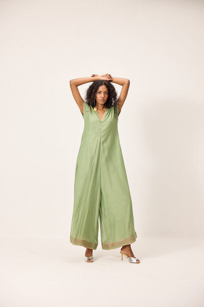 Emma Jumpsuit chanderi mul by Khara Kapas in green for women in Singapore