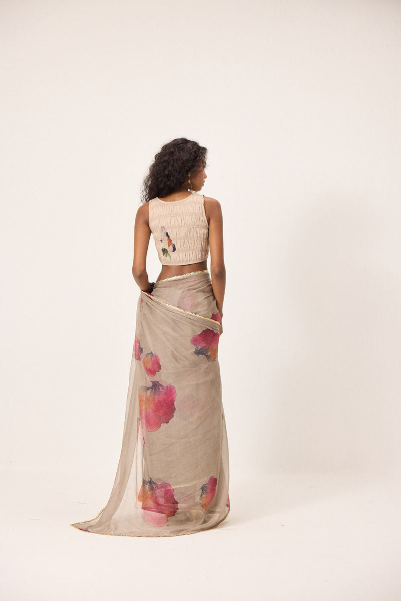 Elana Saree kota doria by Khara Kapas in taupe for women in Singapore