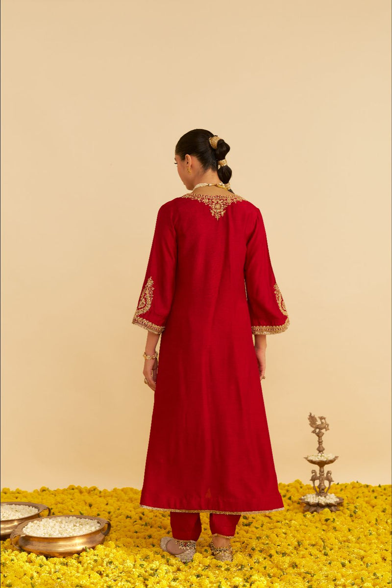 Haayat - Long Kaftan With Salwar-Deep Red silk by SHEETAL BATRA in red color for women in Singapore