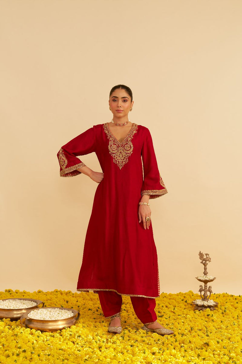 Haayat - Long Kaftan With Salwar-Deep Red silk by SHEETAL BATRA in red color for women in Singapore