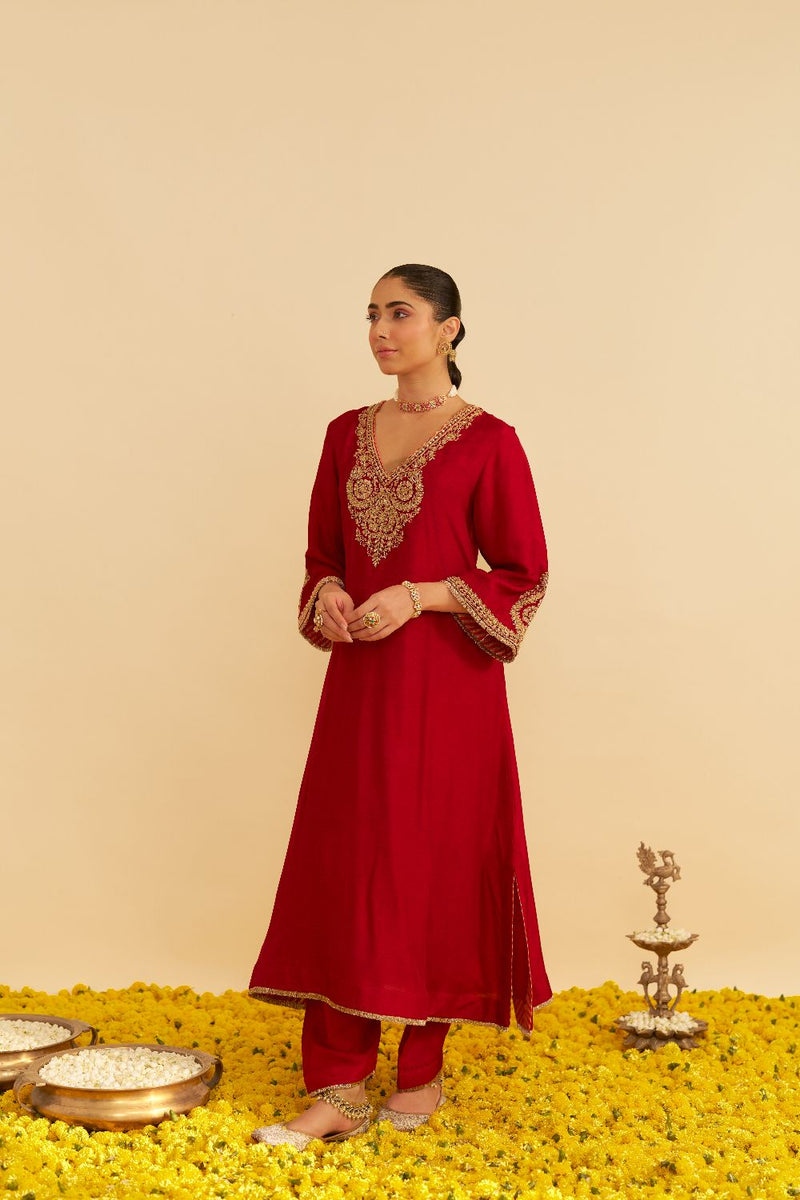 Haayat - Long Kaftan With Salwar-Deep Red silk by SHEETAL BATRA in red color for women in Singapore
