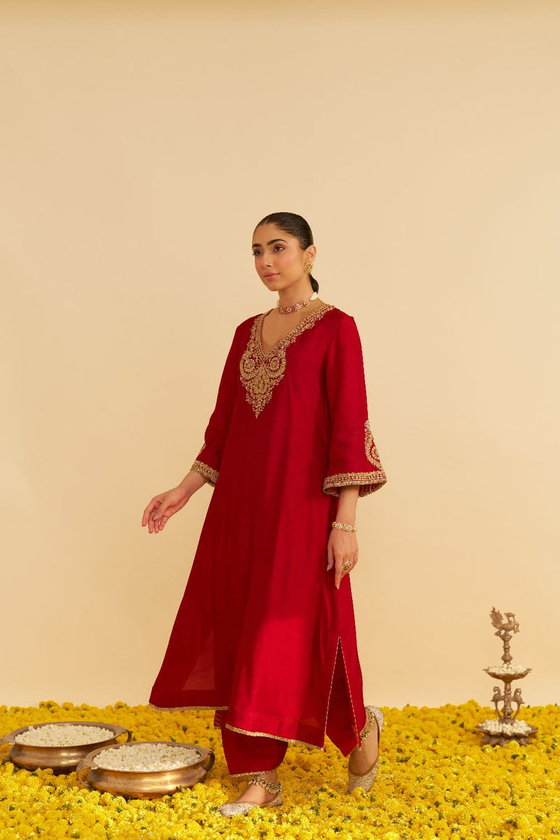 Haayat - Long Kaftan With Salwar-Deep Red silk by SHEETAL BATRA in red color for women in Singapore