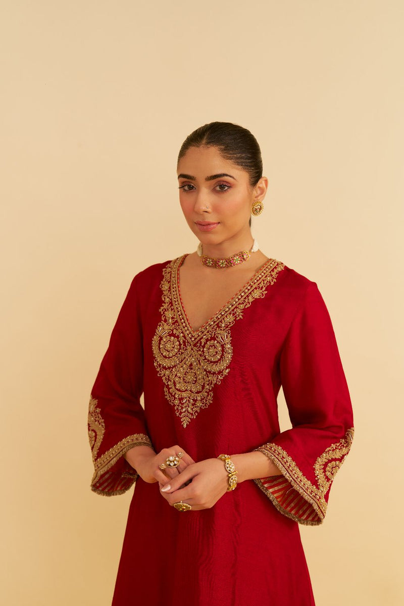 Haayat - Long Kaftan With Salwar-Deep Red silk by SHEETAL BATRA in red color for women in Singapore