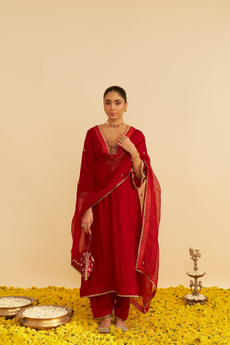 Haayat - Long Kaftan With Salwar-Deep Red silk by SHEETAL BATRA in red color for women in Singapore