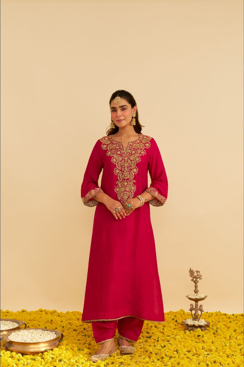 Hiba - Long Kaftan With Salwar-Hotpink silk by SHEETAL BATRA in pink color for women in Singapore