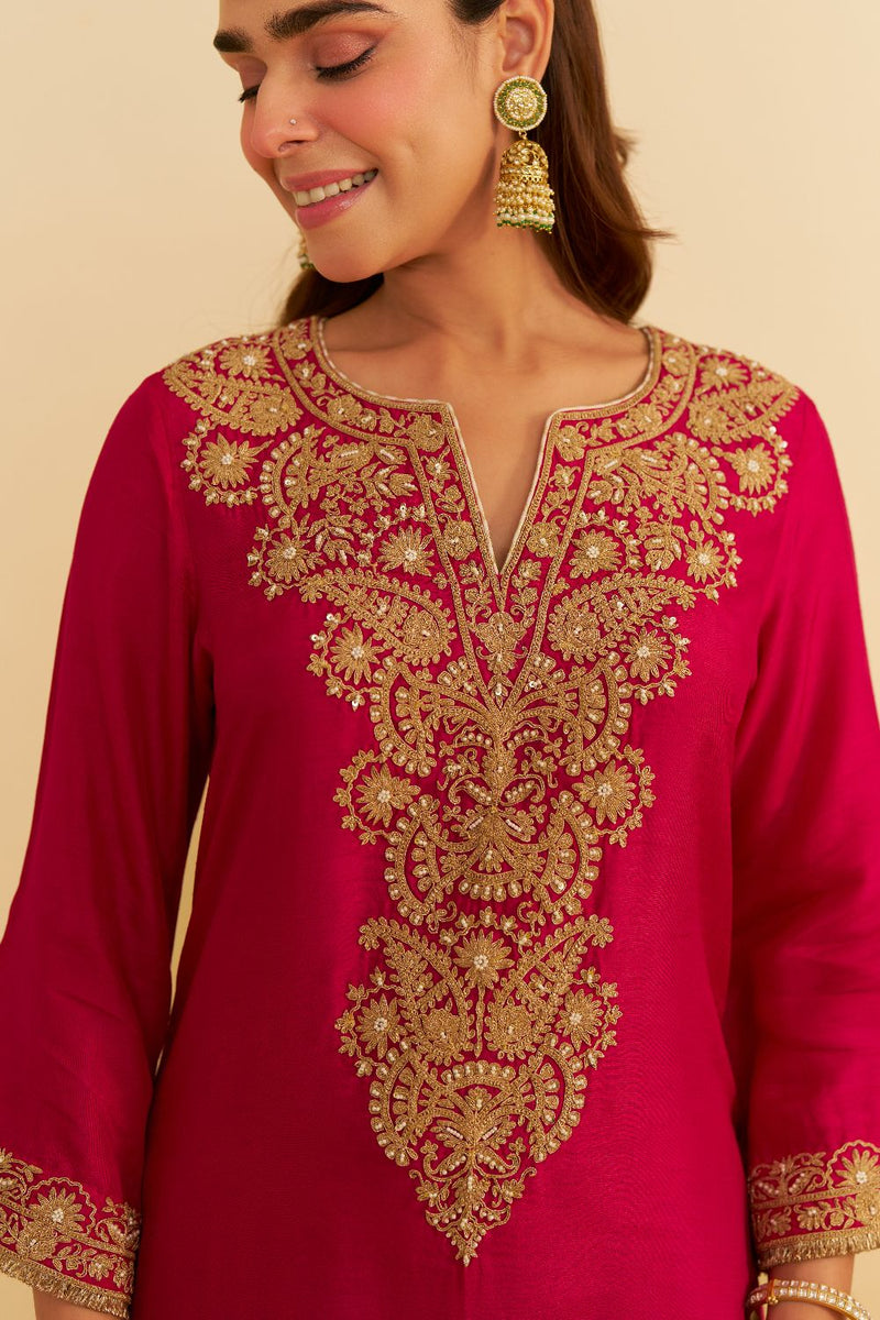 Hiba - Long Kaftan With Salwar-Hotpink silk by SHEETAL BATRA in pink color for women in Singapore