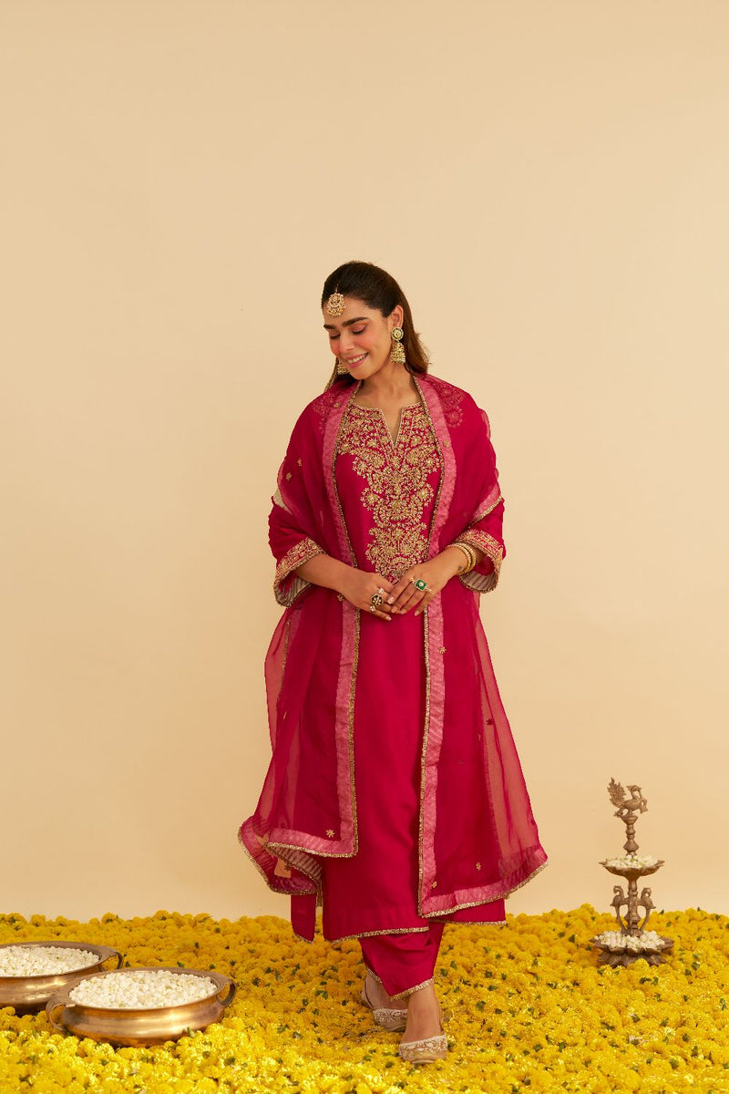 Hiba - Long Kaftan With Salwar-Hotpink silk by SHEETAL BATRA in pink color for women in Singapore
