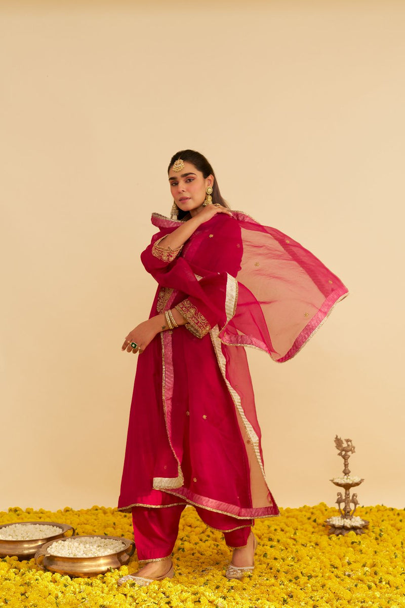 Hiba - Long Kaftan With Salwar-Hotpink silk by SHEETAL BATRA in pink color for women in Singapore