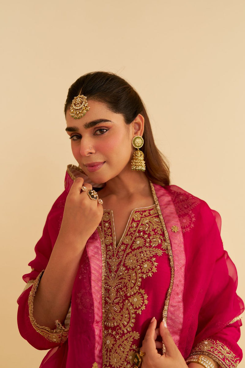 Hiba - Long Kaftan With Salwar-Hotpink silk by SHEETAL BATRA in pink color for women in Singapore
