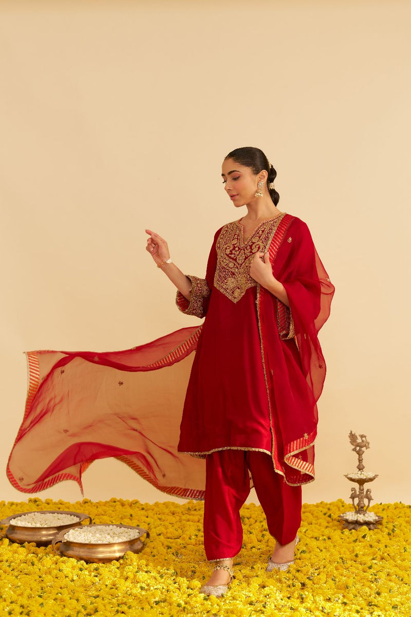 Mehza - Short Chauga With Salwar-Deep Red silk by SHEETAL BATRA in red color for women in Singapore